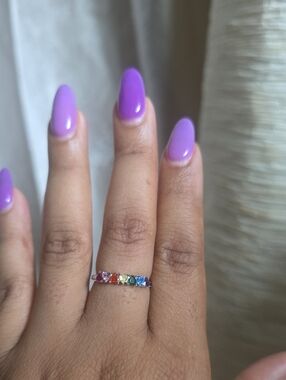 Sterling Rainbow Stone Band Ring - Multicolor Heart Shape Gem Accents